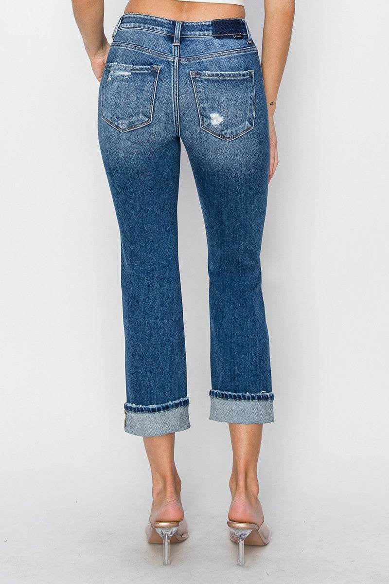 RISEN Full Size Cuffed Ankle Distressed Straight Jeans - Delanoir