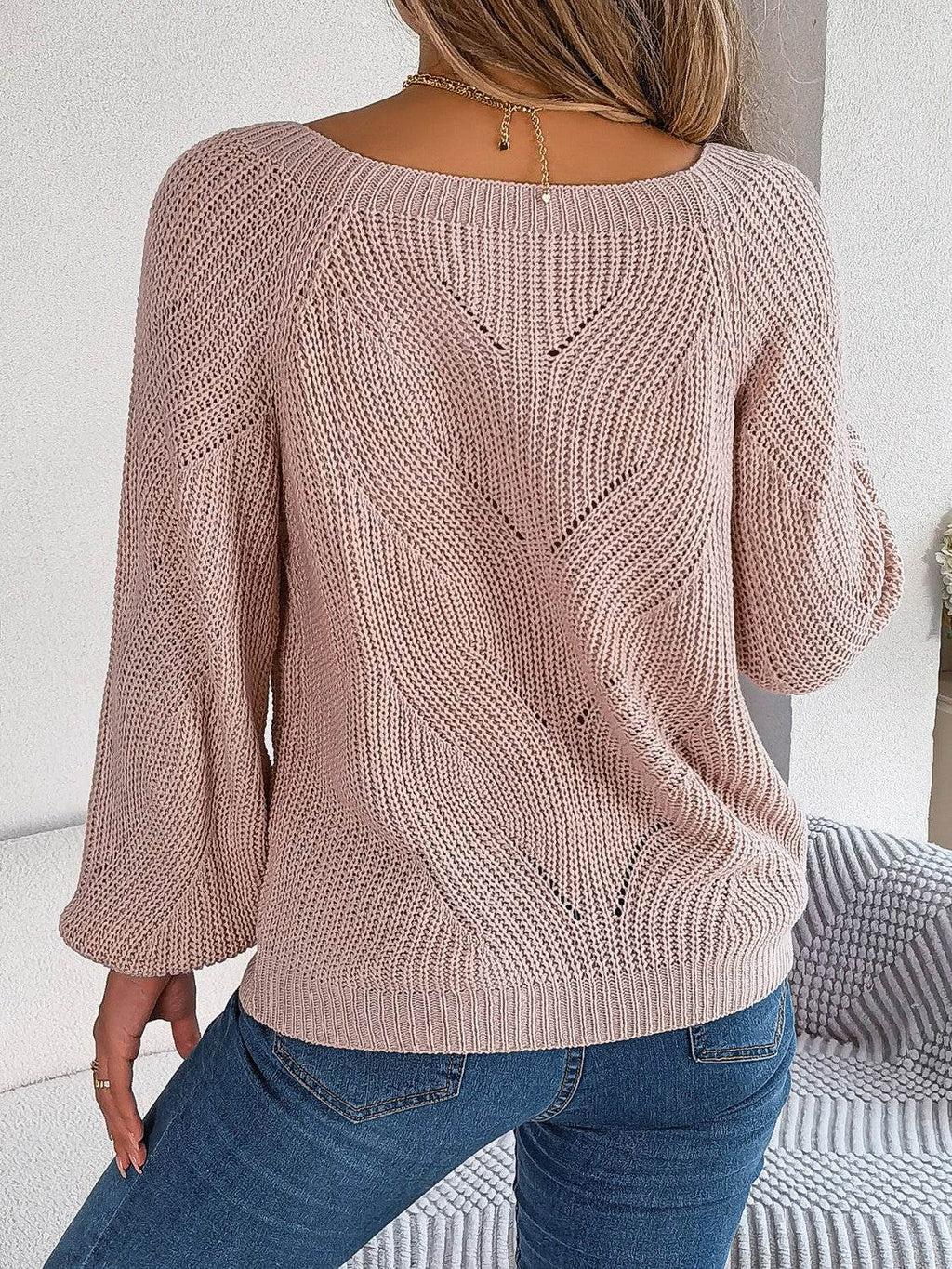 Openwork Buttoned Square Neck Sweater - Delanoir