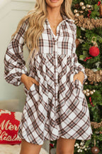 Full Size Plaid Collared Neck Balloon Sleeve Mini Shirt Dress - Delanoir