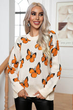 Butterfly Round Neck Long Sleeve Sweater - Delanoir