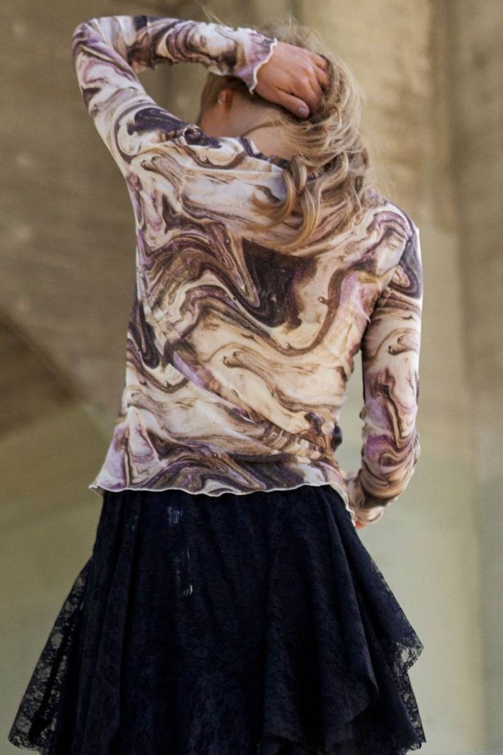 J.NNA Marble Design Long Sleeve Mesh Top - Delanoir
