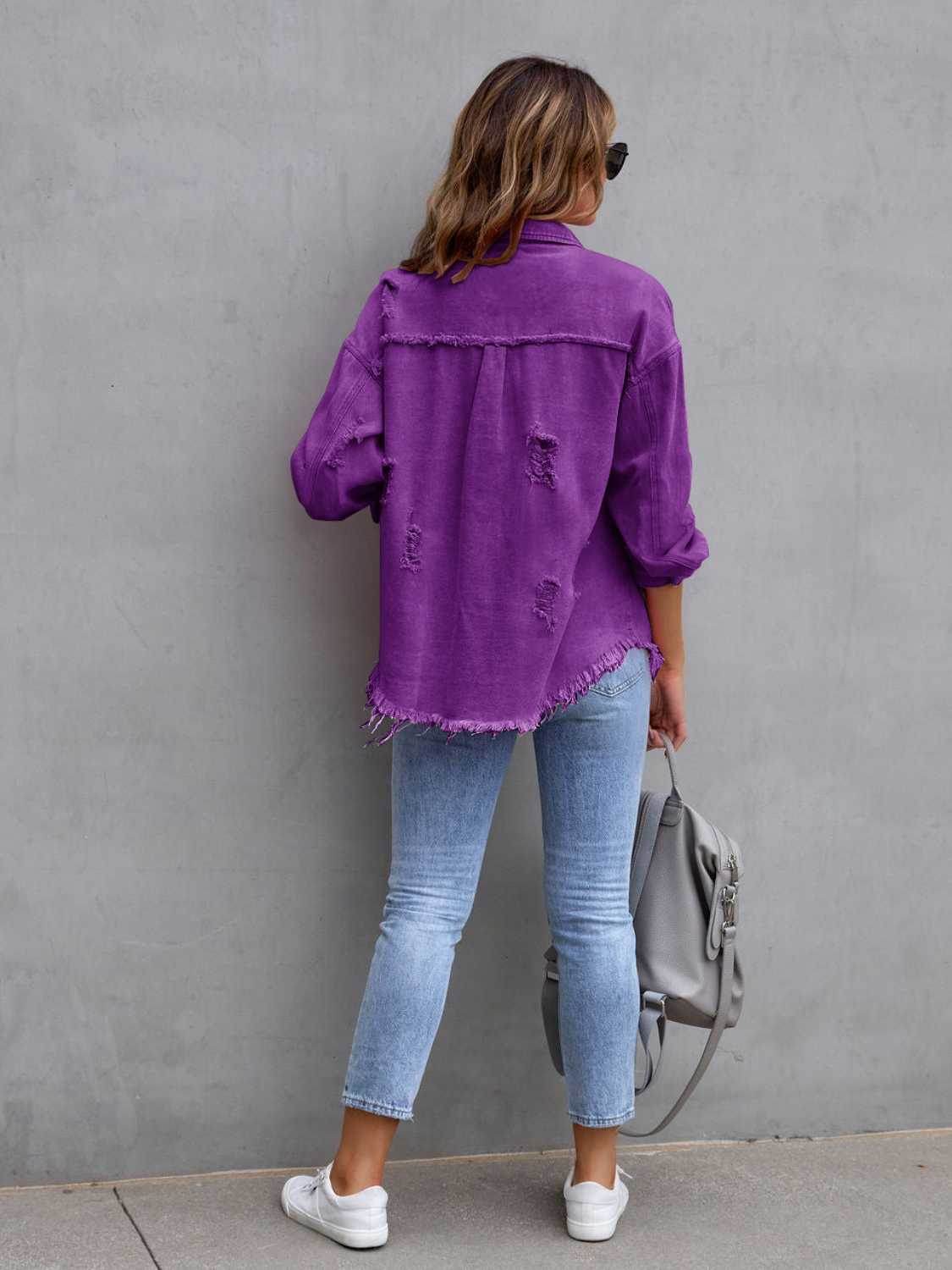 Distressed Drop Shoulder Denim Jacket - Delanoir