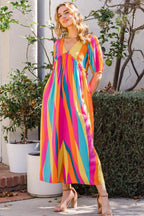 ODDI Full Size Striped Puff Sleeve Wide Leg Jumpsuit - Delanoir