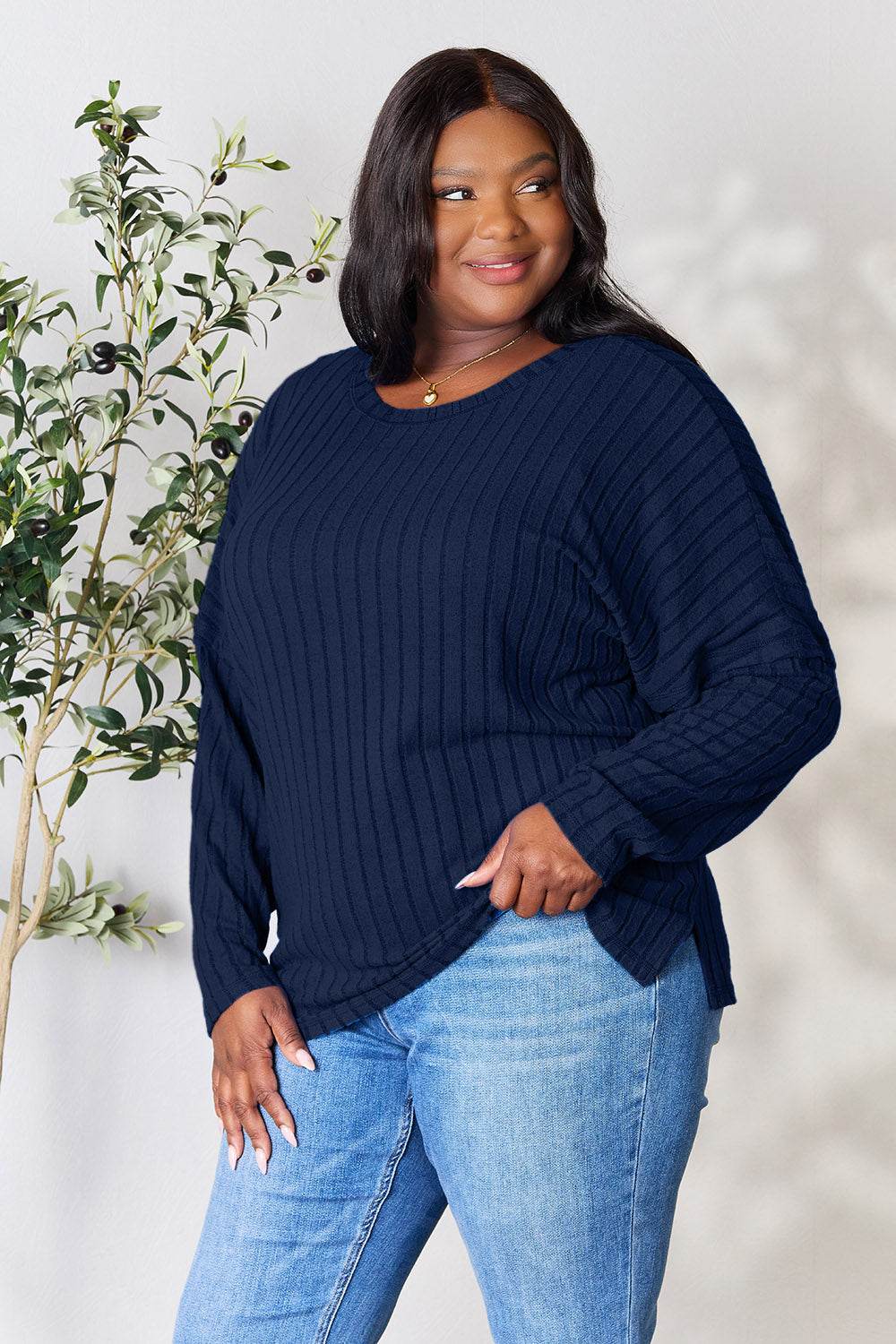 Basic Bae Full Size Ribbed Round Neck Slit Knit Top - Delanoir