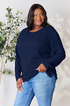 Basic Bae Full Size Ribbed Round Neck Slit Knit Top - Delanoir