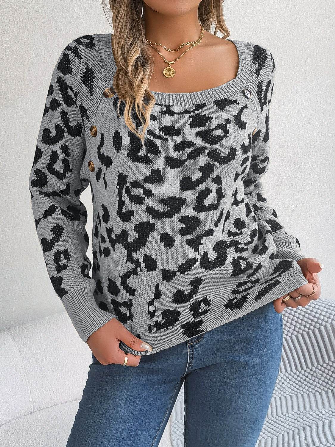 Leopard Buttoned Square Neck Sweater - Delanoir