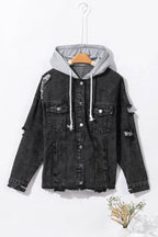 Distressed Drawstring Long Sleeve Hooded Denim Jacket - Delanoir
