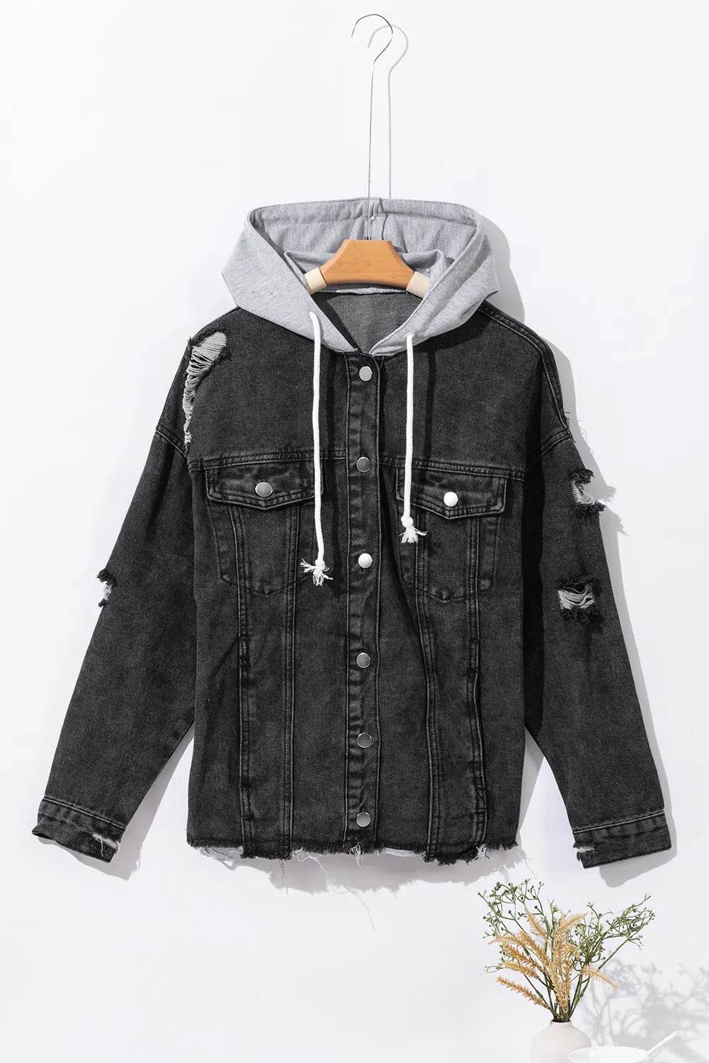 Distressed Drawstring Long Sleeve Hooded Denim Jacket - Delanoir