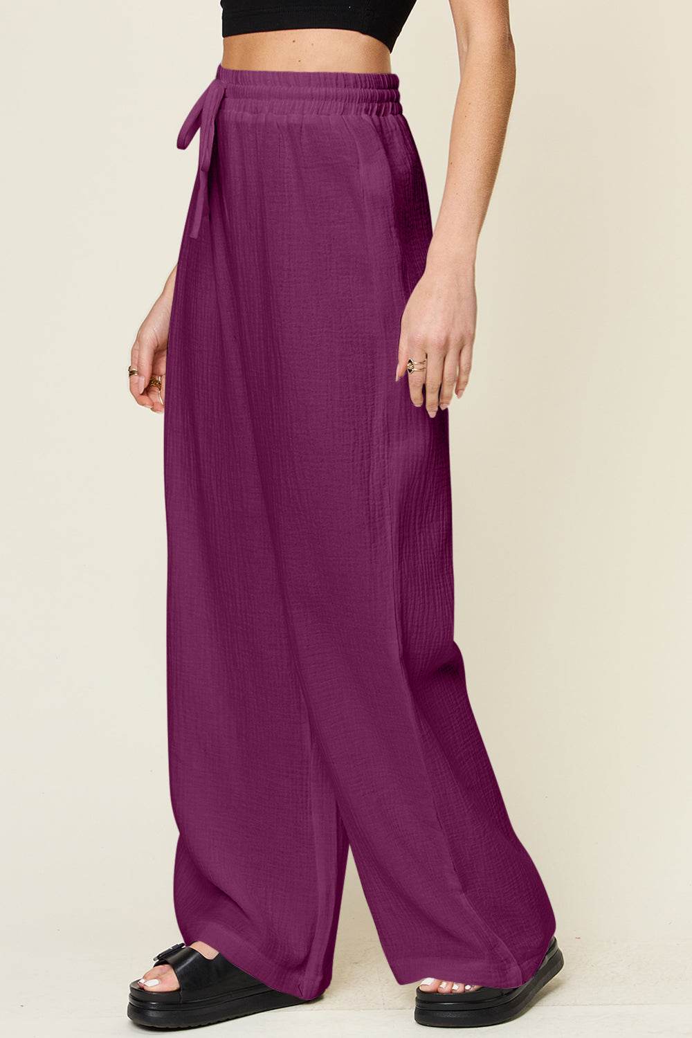 Double Take Full Size Texture Drawstring Wide Leg Pants - Delanoir