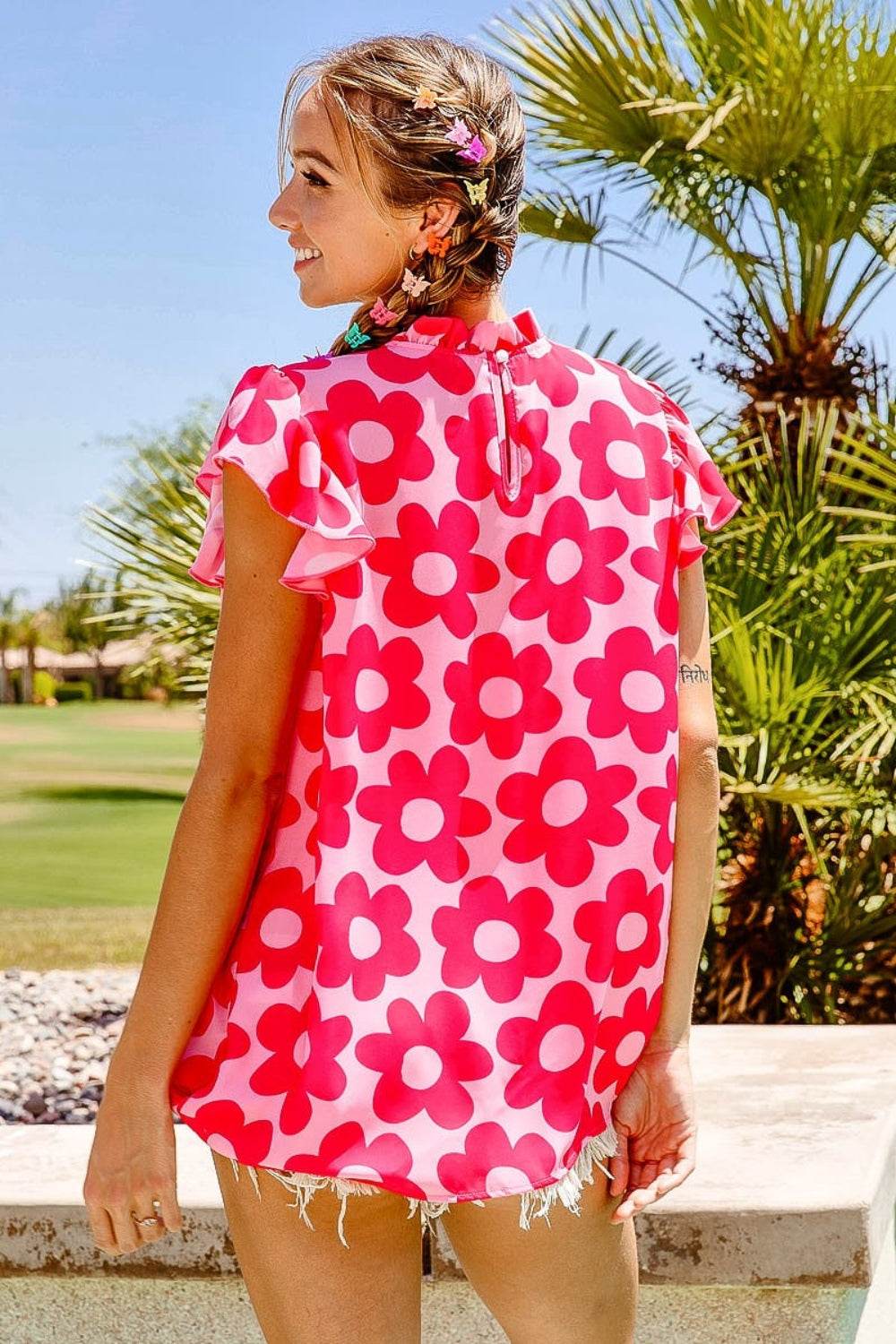 BiBi Floral Contrast Ruffled Top - Delanoir