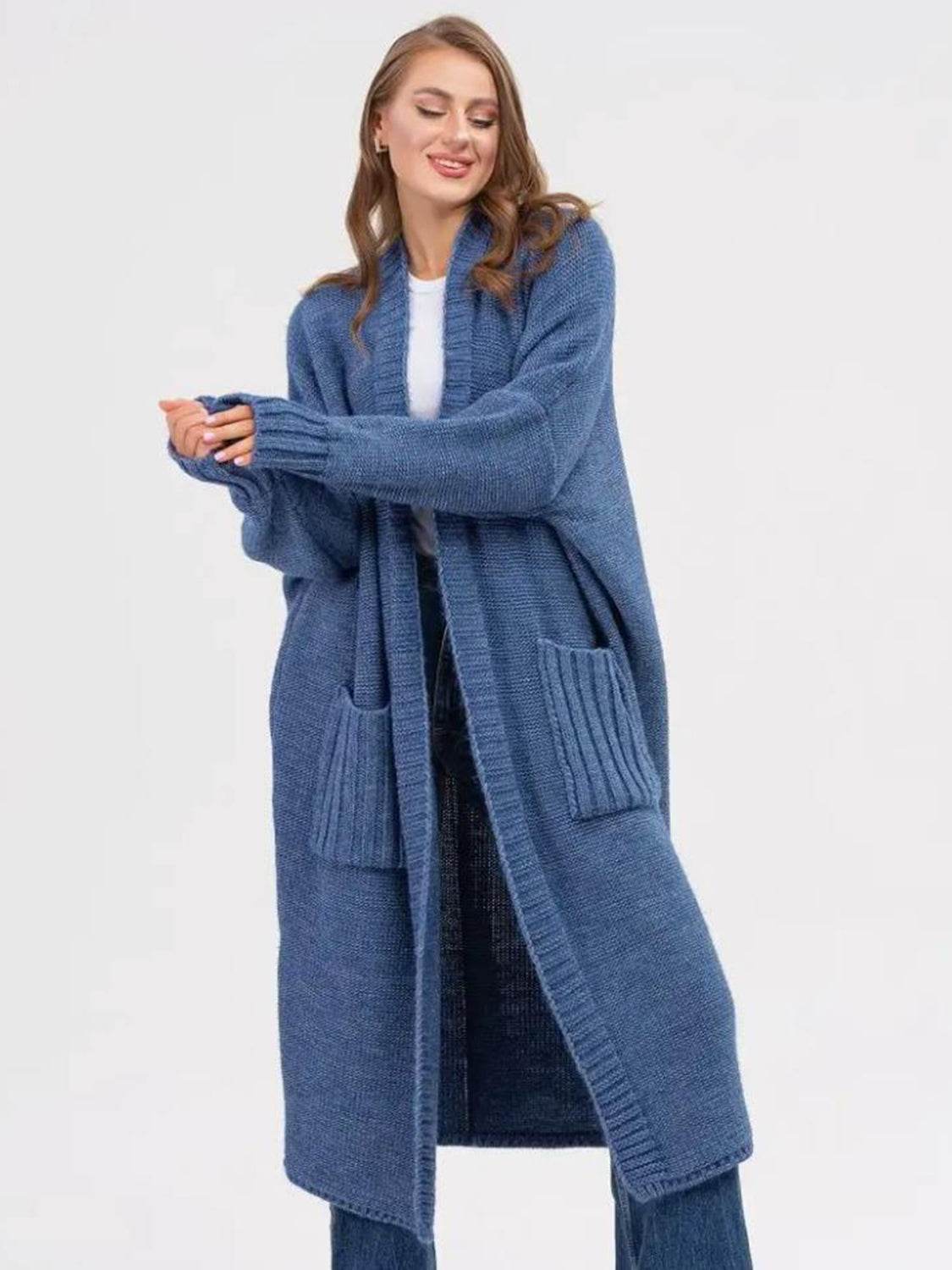 Pocketed Open Front Long Sleeve Longline Cardigan - Delanoir