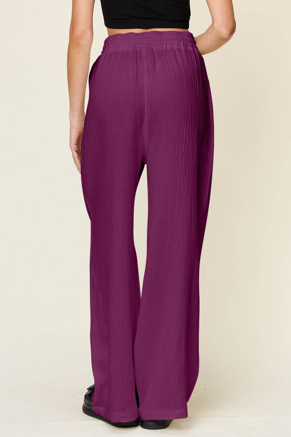 Double Take Full Size Texture Drawstring Wide Leg Pants - Delanoir