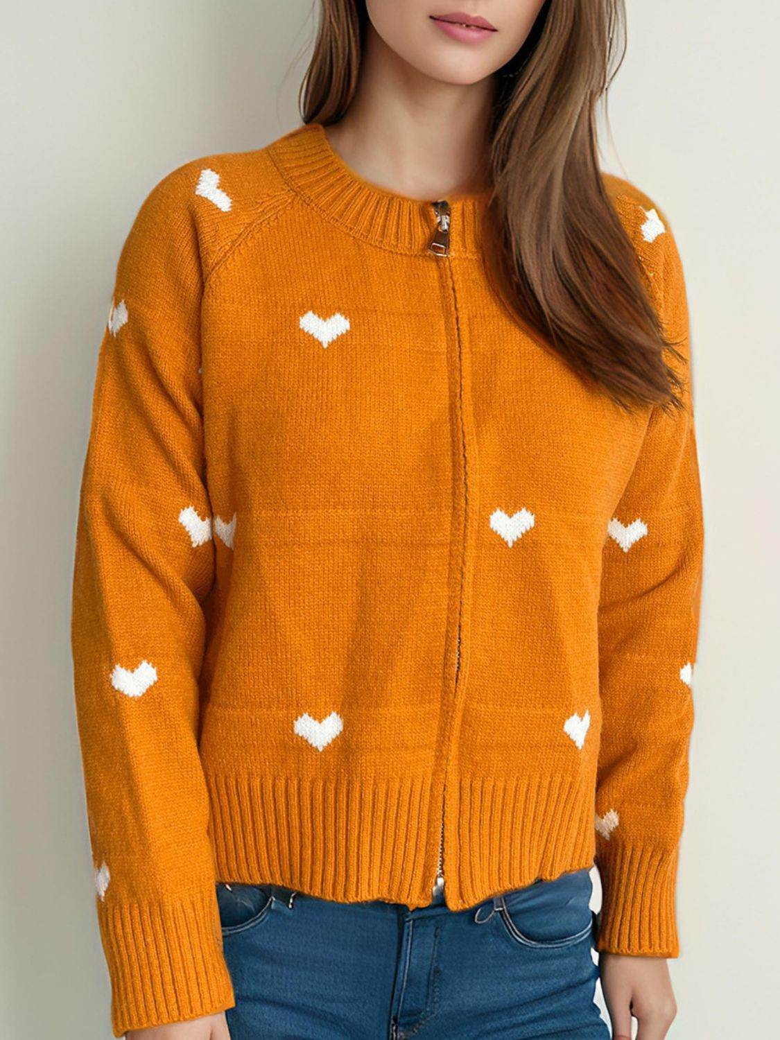 Heart Round Neck Zip Up Cardigan - Delanoir