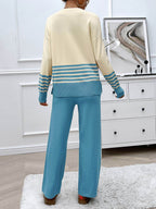 Devine Slit Striped Round Neck Top and Pants Sweater Set - Delanoir
