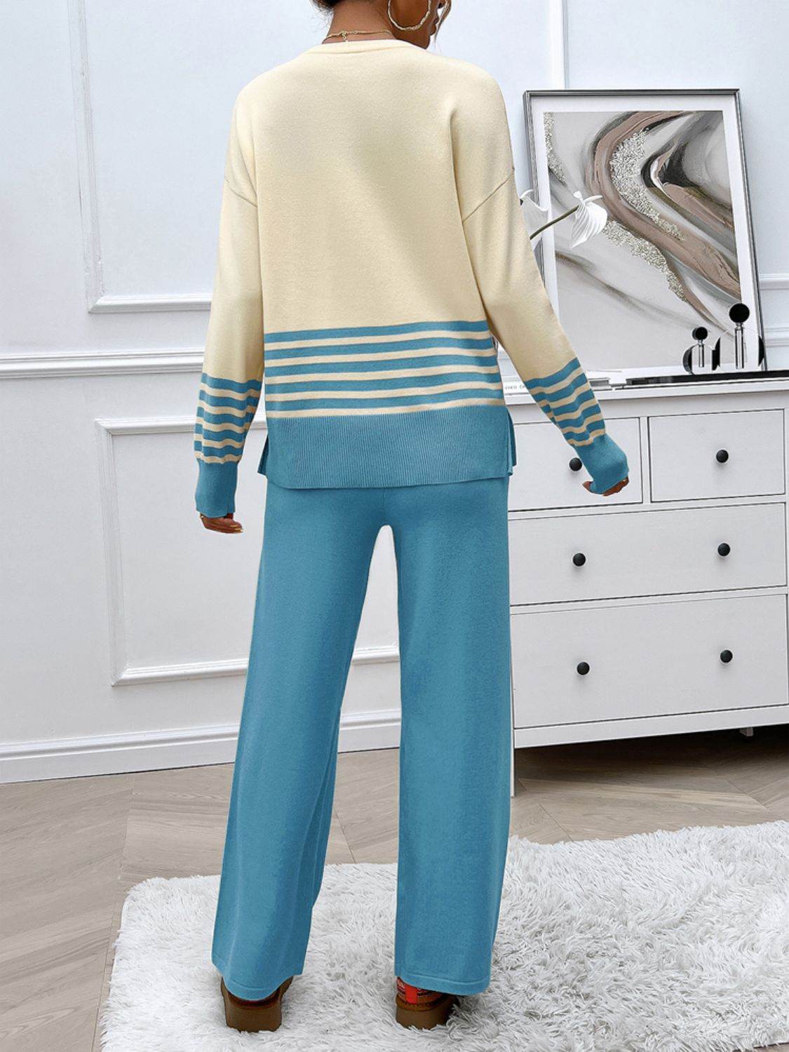 Devine Slit Striped Round Neck Top and Pants Sweater Set - Delanoir