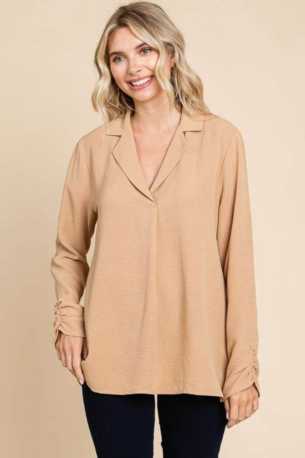 Culture Code Full Size Lapel Collar Ruched Long Sleeve Blouse - Delanoir