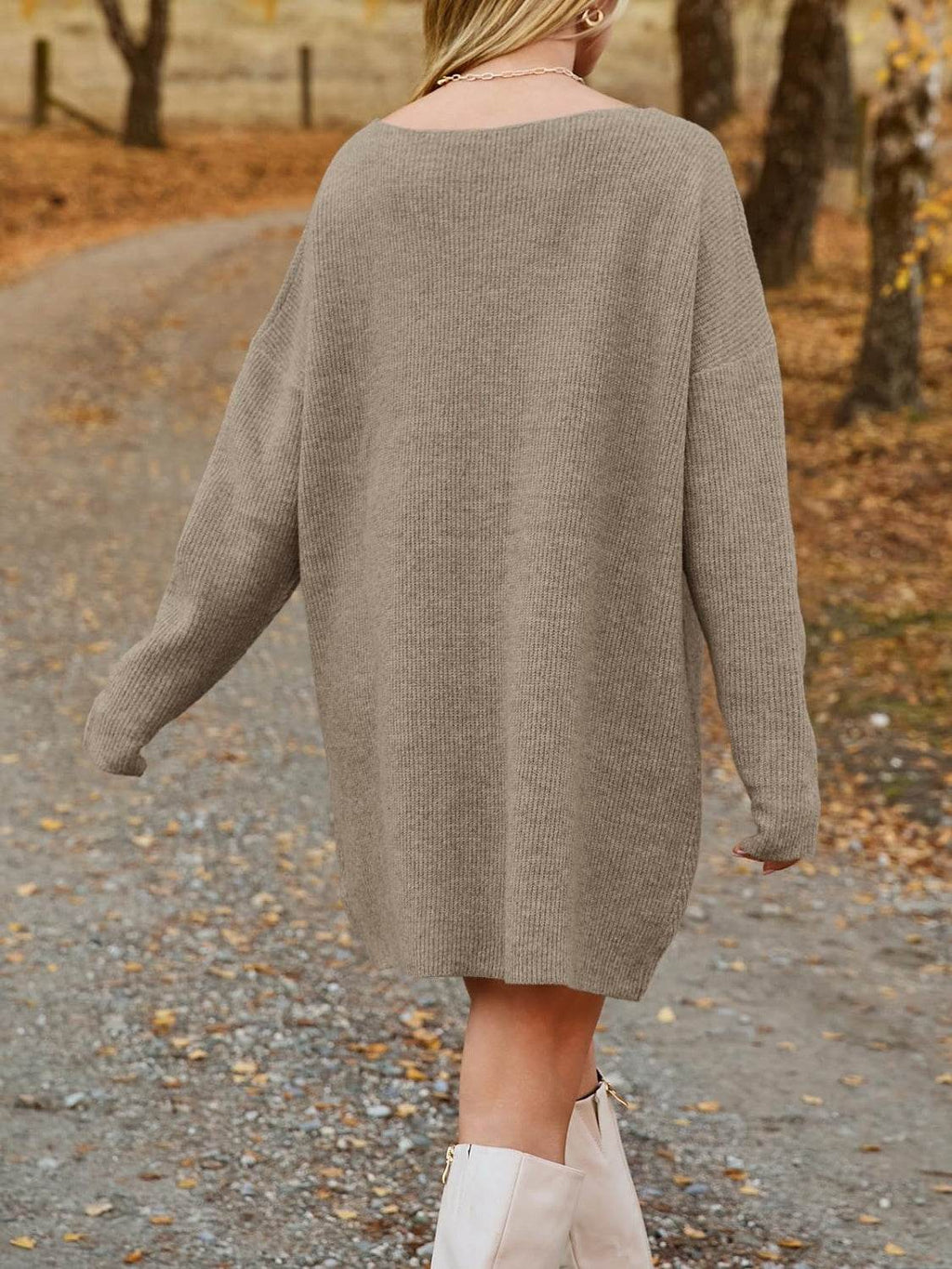V-Neck Dropped Shoulder Sweater Dress - Delanoir