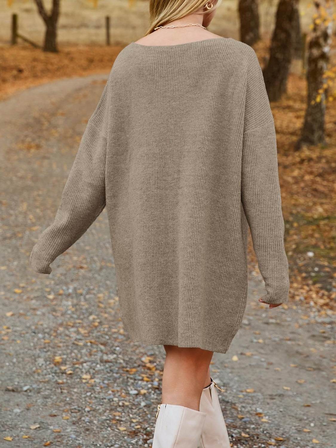 V-Neck Dropped Shoulder Sweater Dress - Delanoir