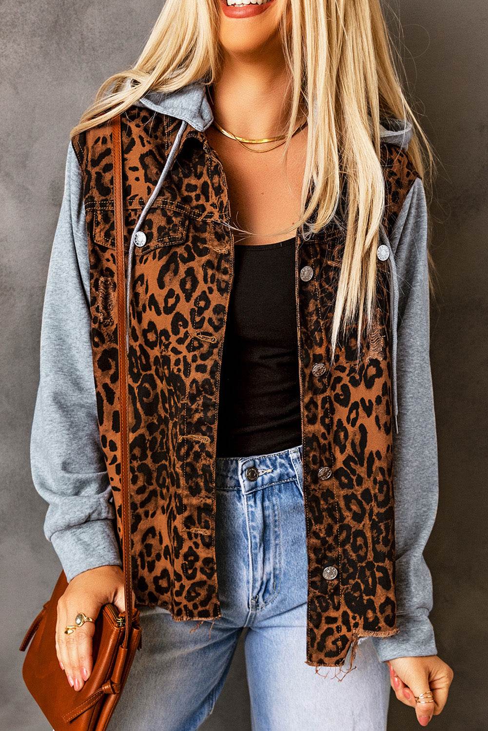 Leopard Distressed Drawstring Hooded Denim Jacket - Delanoir