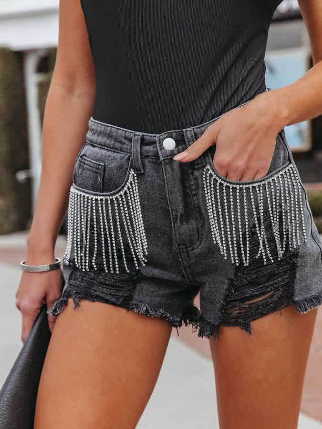 Distressed Fringe Denim Shorts with Pockets - Delanoir