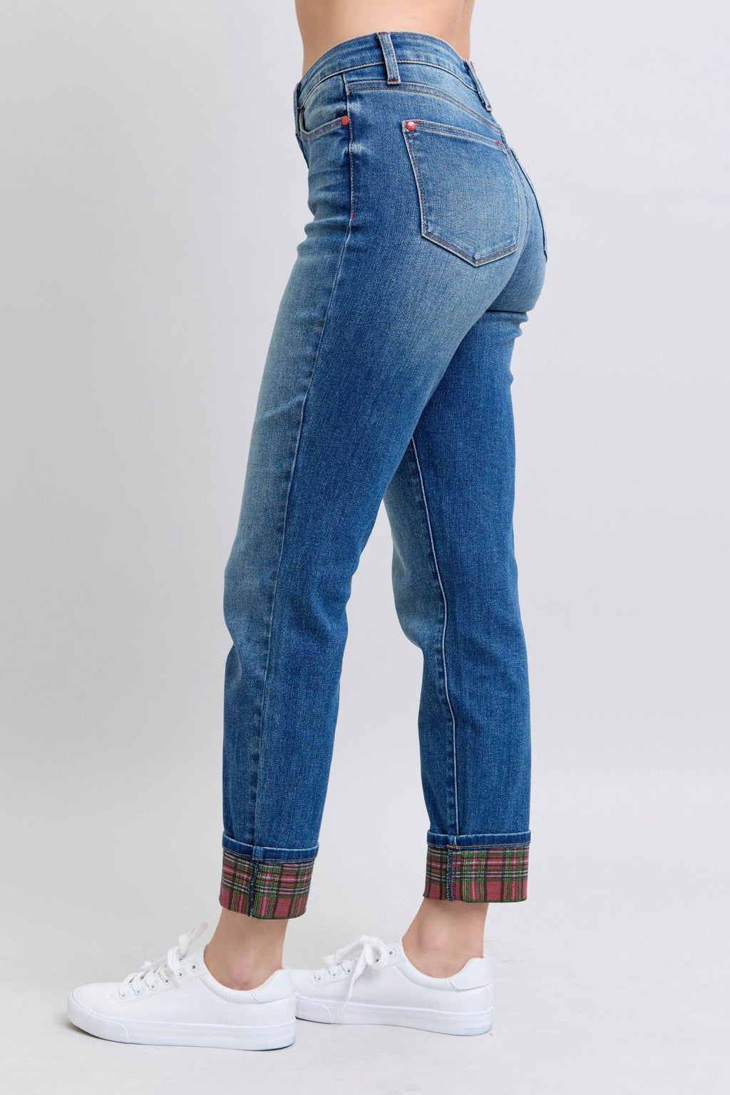 Judy Blue Full Size Plaid Print Cuff Straight Leg Jeans with Pockets - Delanoir
