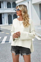 High-Low Slit Round Neck Long Sleeve Sweater - Delanoir