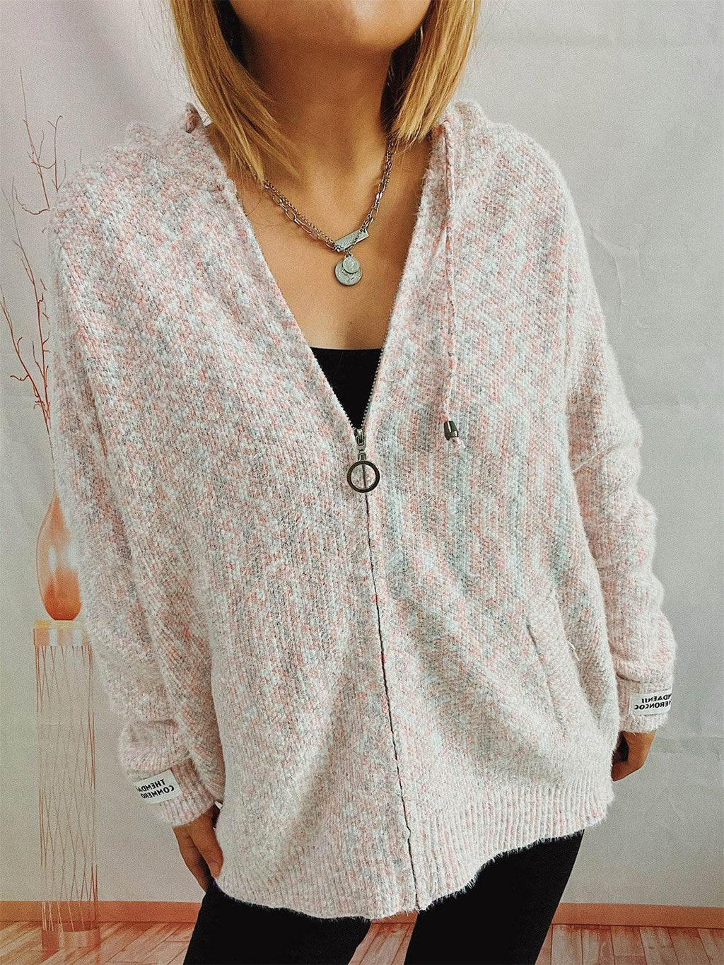 Zip Up Drawstring Long Sleeve Hooded Sweater - Delanoir