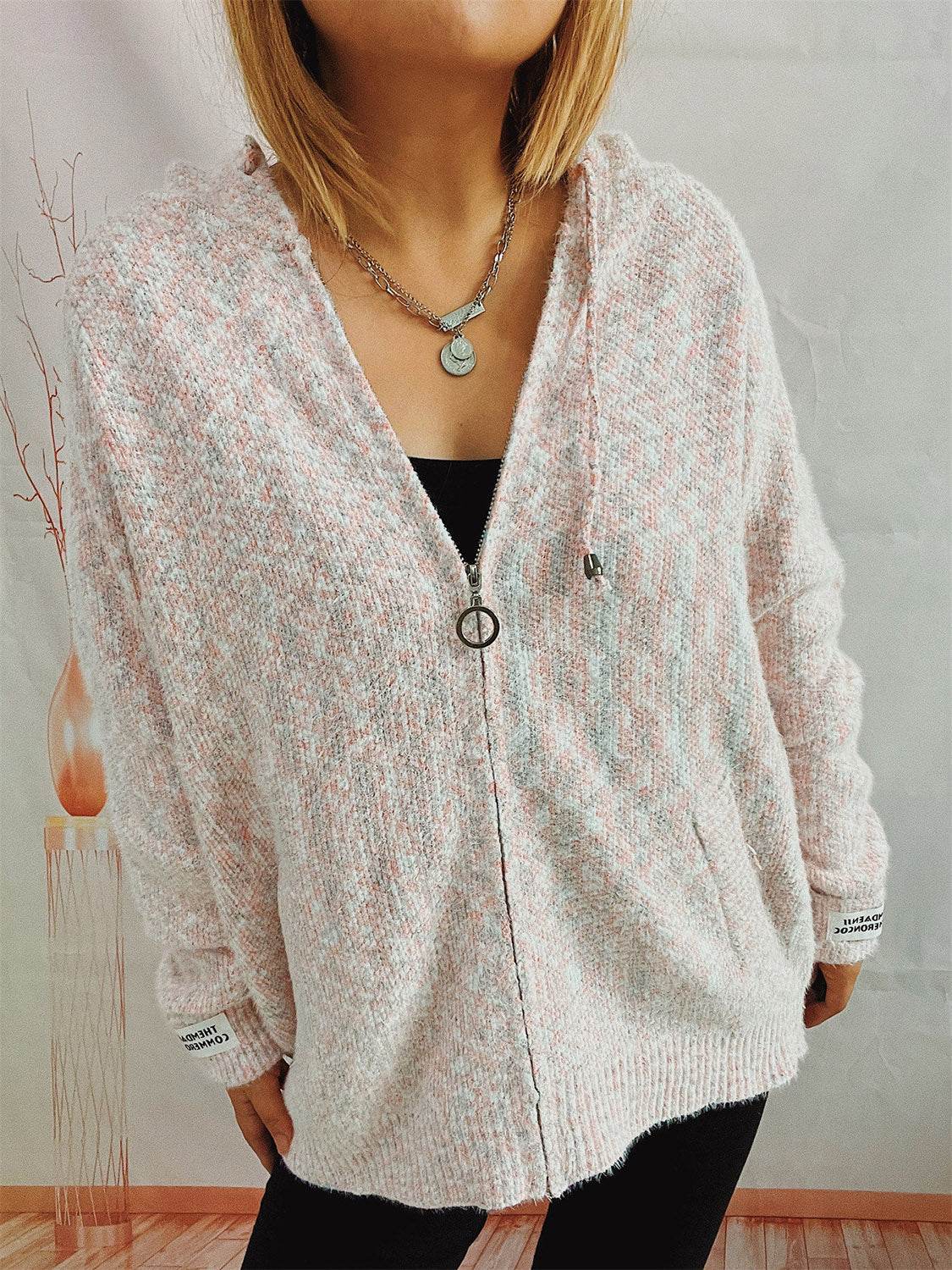 Zip Up Drawstring Long Sleeve Hooded Sweater - Delanoir