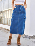 Slit Midi Denim Skirt with Pockets - Delanoir