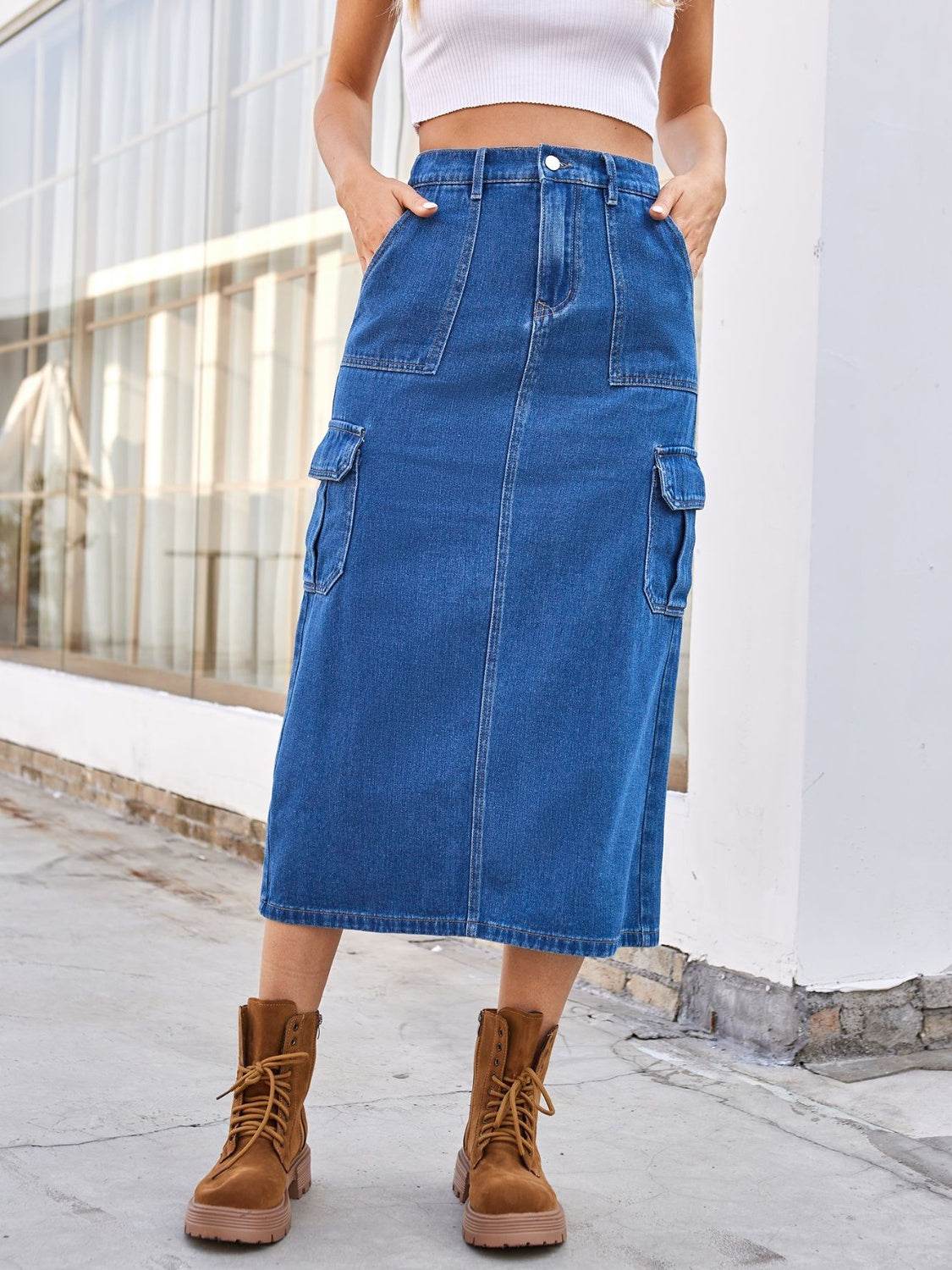 Slit Midi Denim Skirt with Pockets - Delanoir