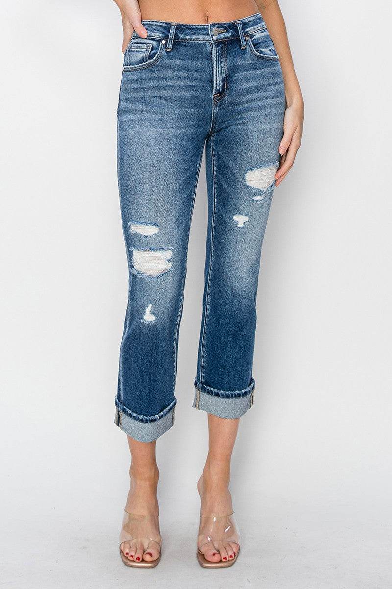 RISEN Full Size Cuffed Ankle Distressed Straight Jeans - Delanoir
