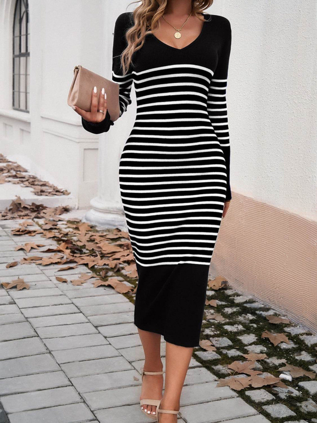 Devine Striped V-Neck Long Sleeve Sweater Dress - Delanoir