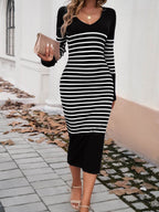 Devine Striped V-Neck Long Sleeve Sweater Dress - Delanoir