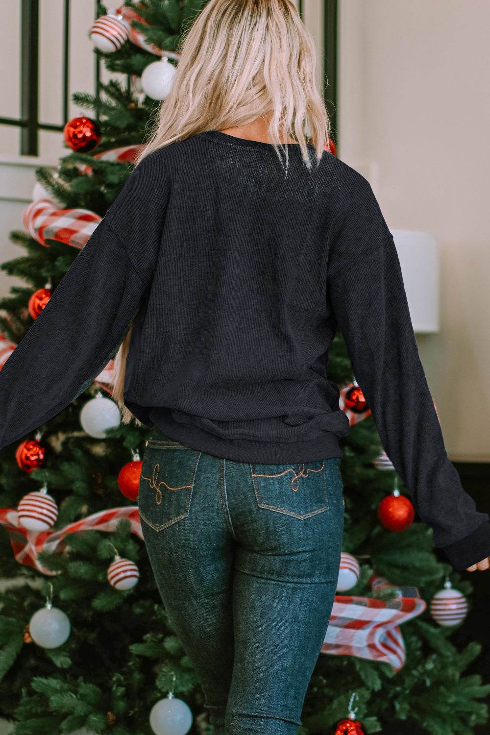 Sequin Patch Pumpkin Round Neck Sweatshirt - Delanoir