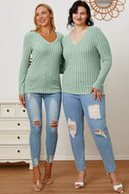 Basic Bae Full Size Ribbed V-Neck Long Sleeve T-Shirt - Delanoir