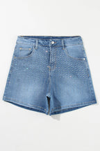 Rhinestone High Waist Denim Shorts - Delanoir
