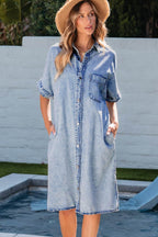 Pocketed Button Up Half Sleeve Denim Dress - Delanoir