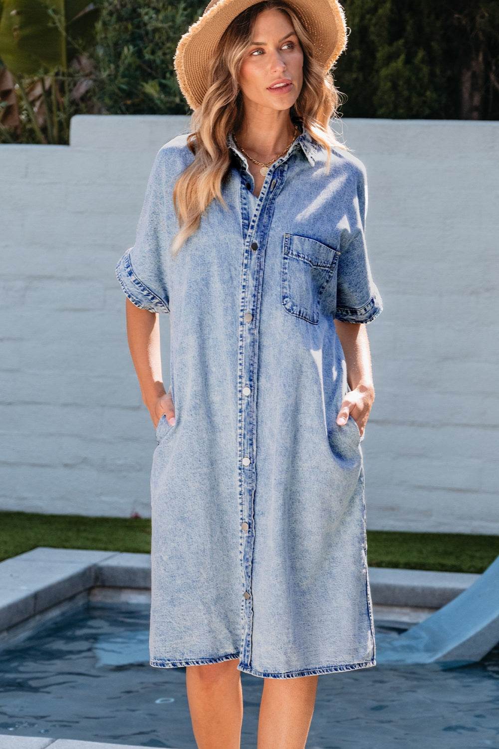Pocketed Button Up Half Sleeve Denim Dress - Delanoir