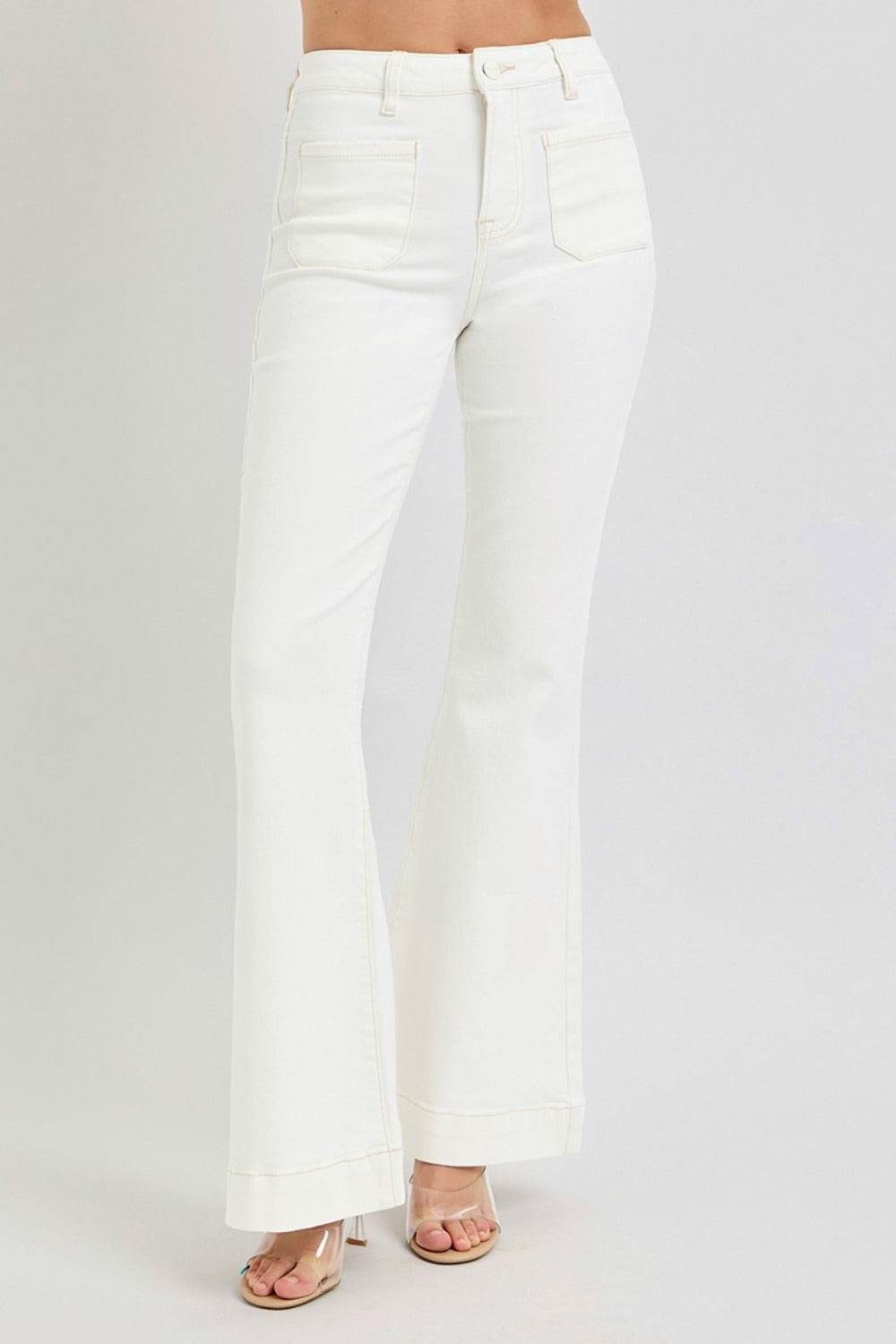 RISEN Full Size High Rise Front Patch Pocket Flare Jeans - Delanoir