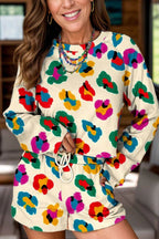 Leopard Round Neck Long Sleeve Top and Drawstring Shorts Set - Delanoir