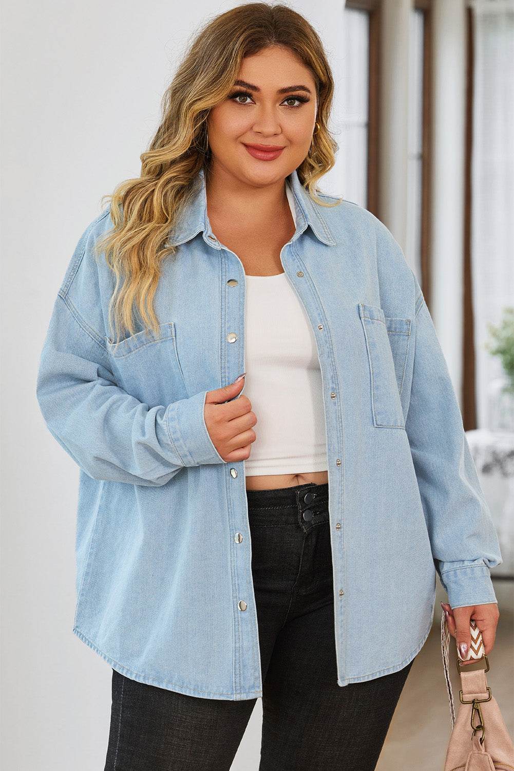 Plus Size Snap Down Pocketed Denim Jacket - Delanoir