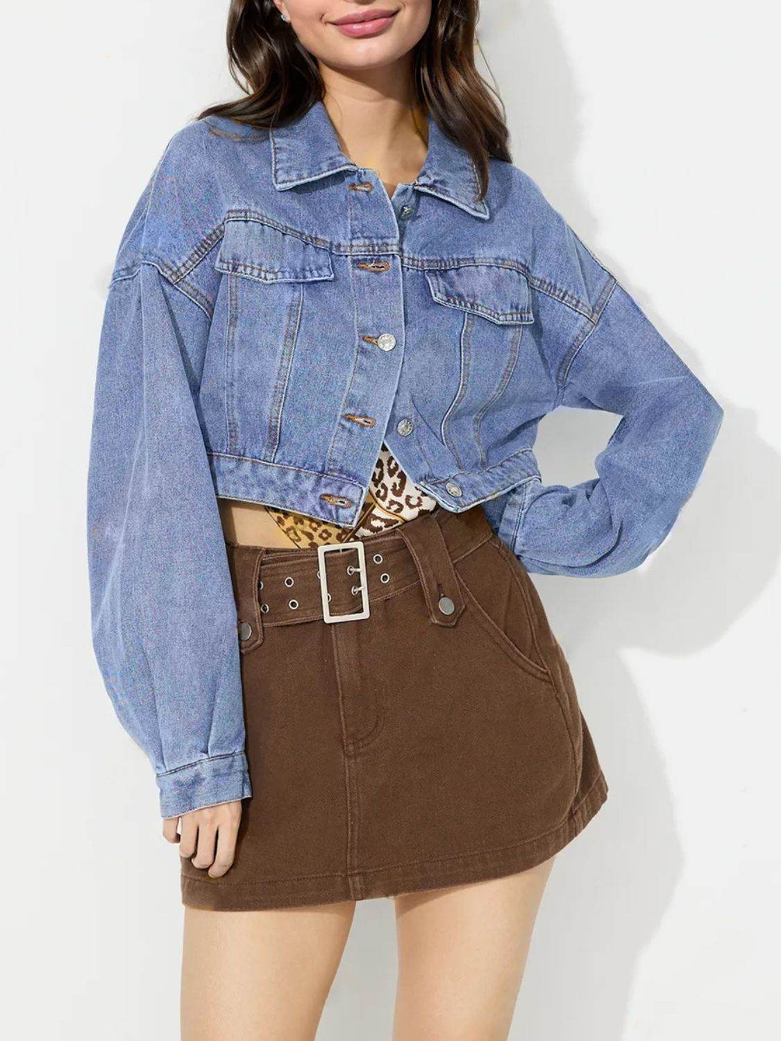 Collared Neck Dropped Shoulder Cropped Denim Top - Delanoir