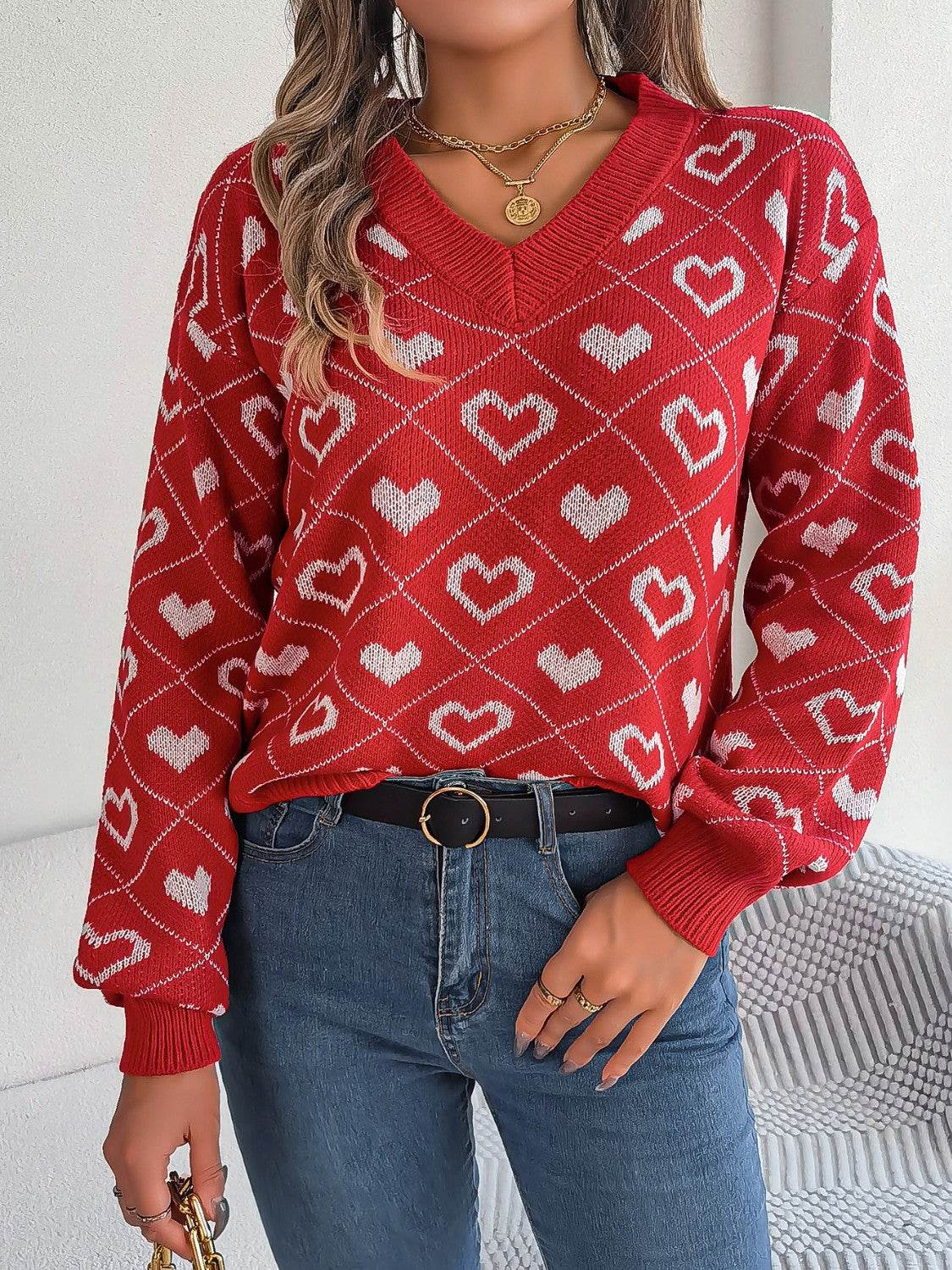Heart Pattern V-Neck Long Sleeve Sweater - Delanoir