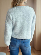 Heart Button Round Neck Cardigan - Delanoir