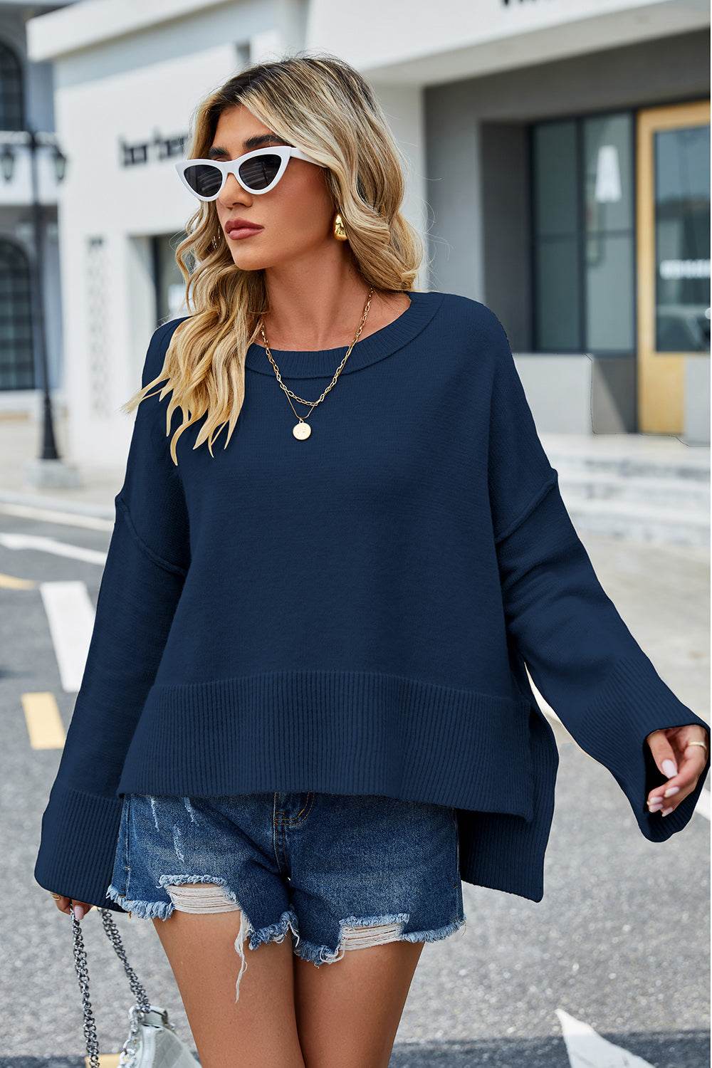 High-Low Slit Round Neck Long Sleeve Sweater - Delanoir