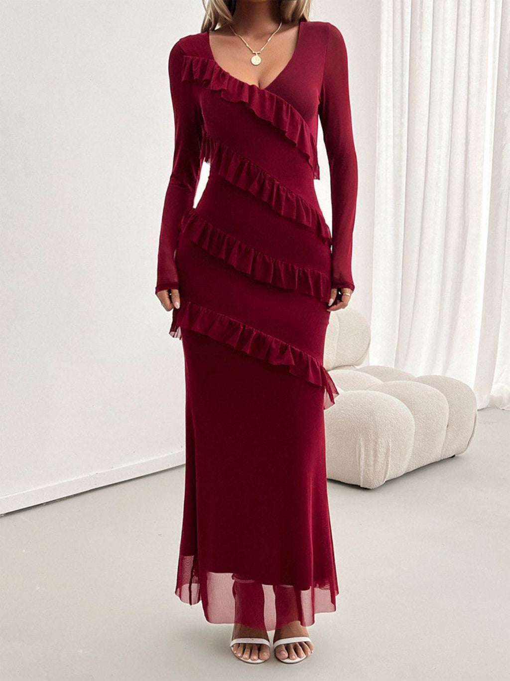 Devine Ruffled Surplice Long Sleeve Maxi Dress - Delanoir
