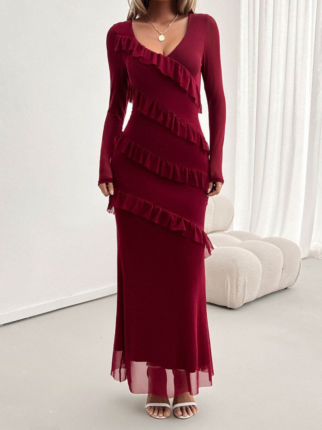 Devine Ruffled Surplice Long Sleeve Maxi Dress - Delanoir