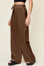Double Take Full Size Texture Drawstring Wide Leg Pants - Delanoir