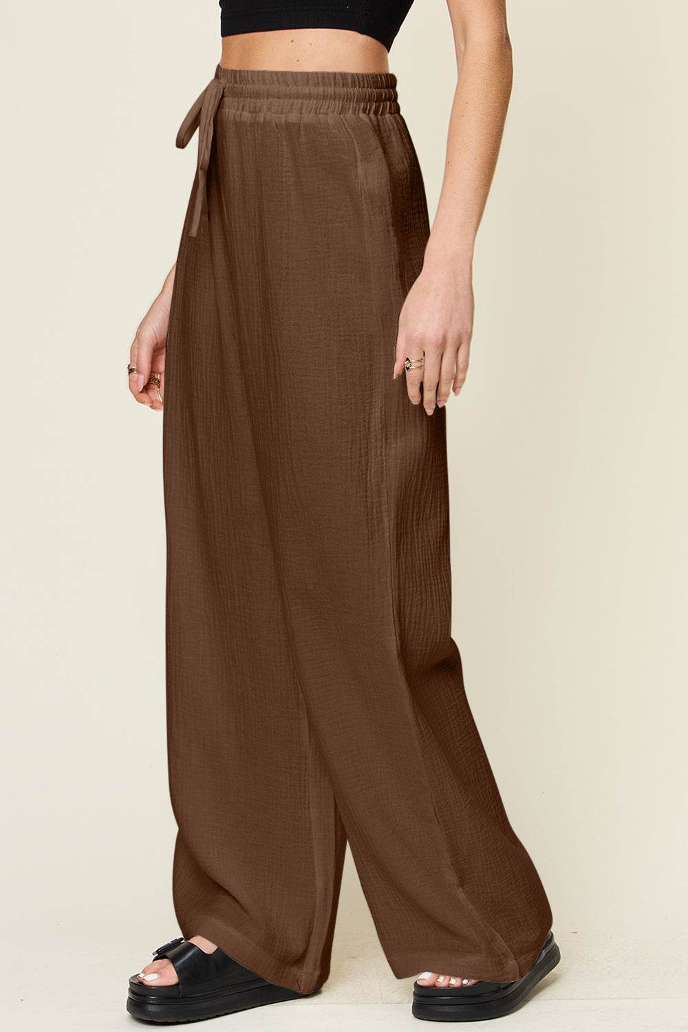 Double Take Full Size Texture Drawstring Wide Leg Pants - Delanoir