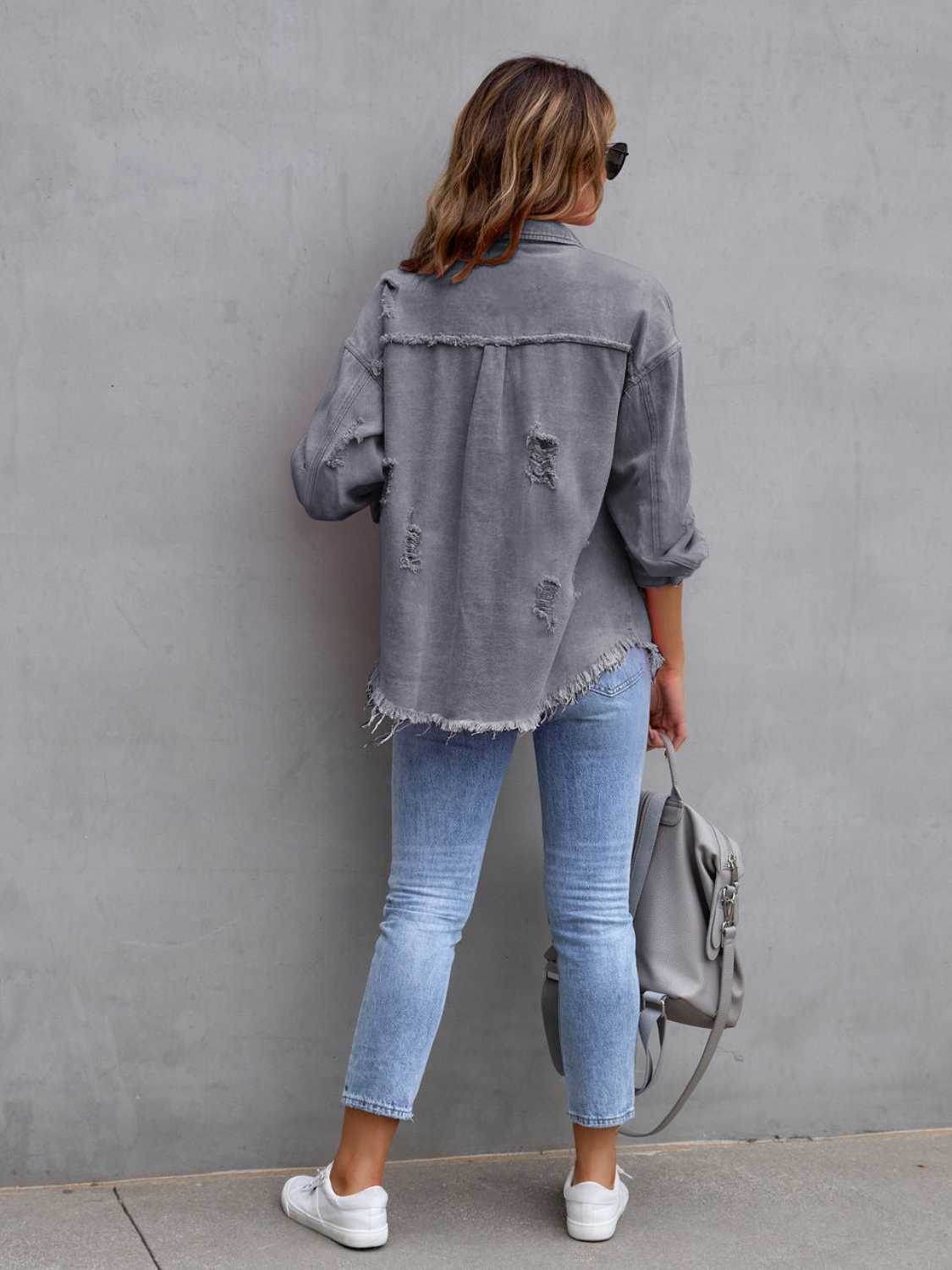 Distressed Drop Shoulder Denim Jacket - Delanoir